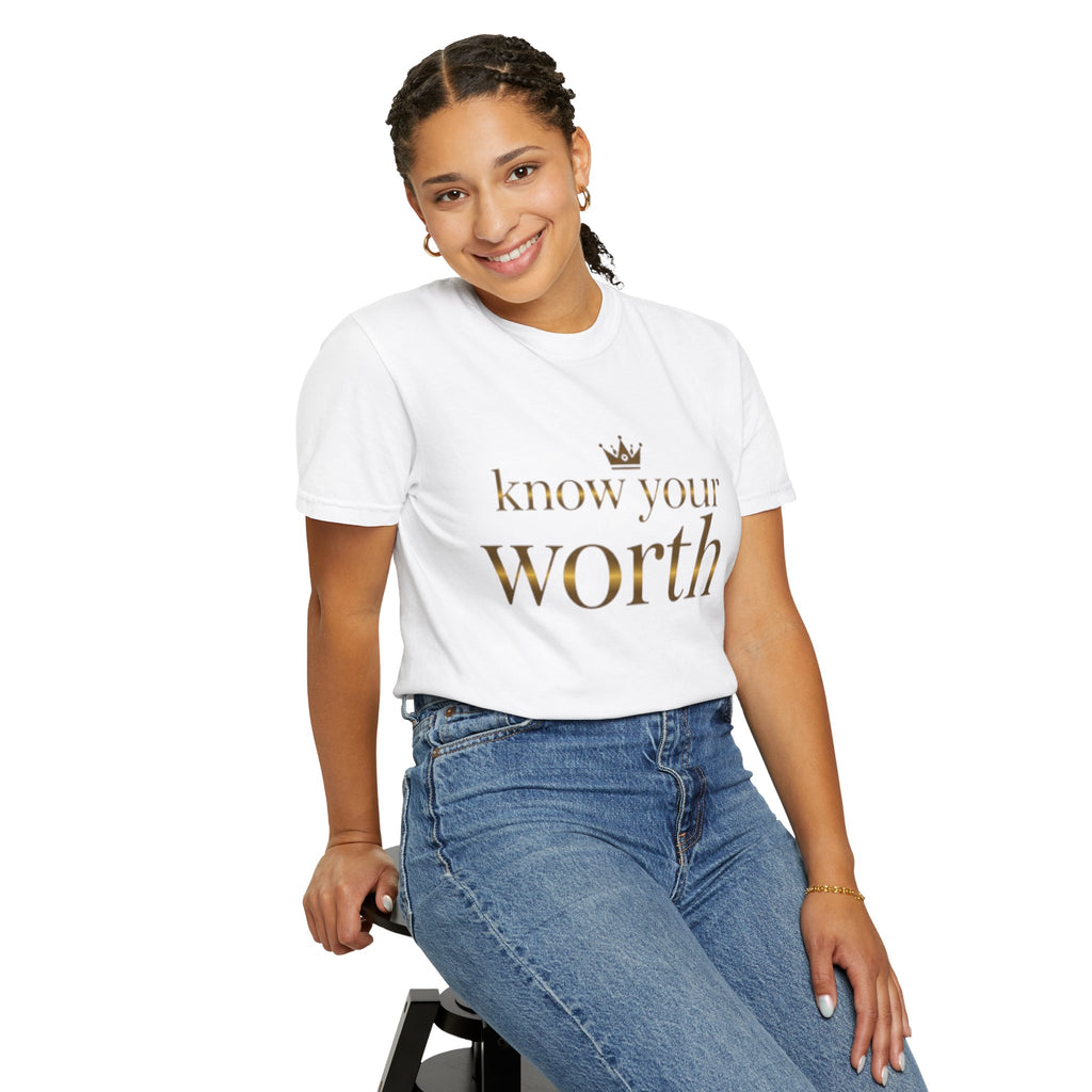 Know Your Worth T-Shirt — Empowerment Tee with Gold Crown Text
