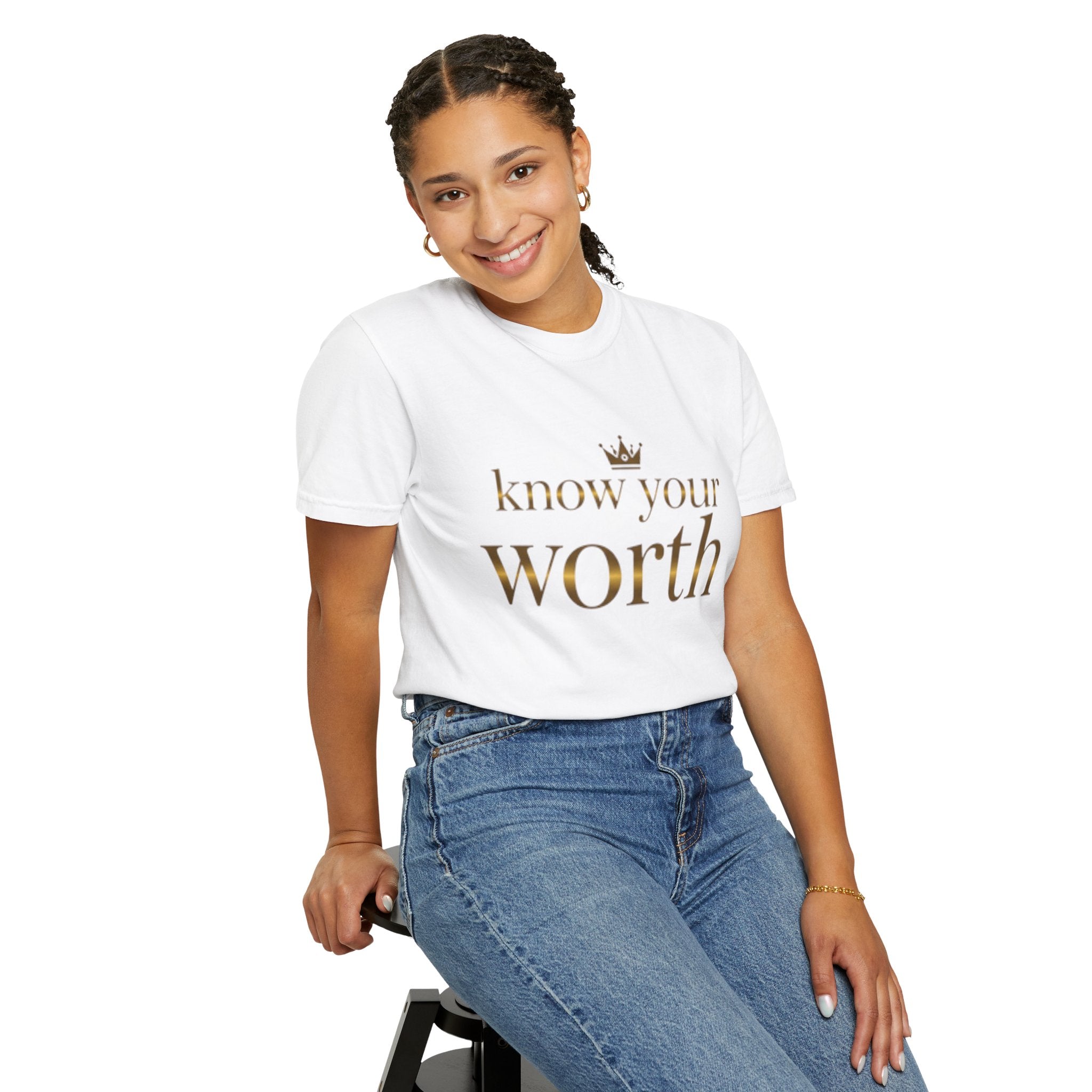 Know Your Worth T-Shirt — Empowerment Tee with Gold Crown Text